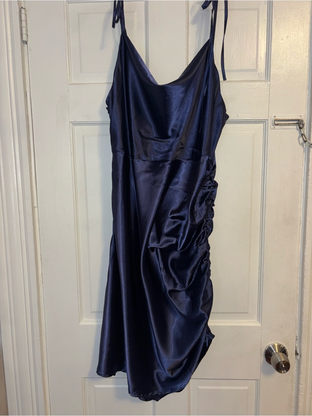 Navy Satin Tie-Shoulder Slip Dress